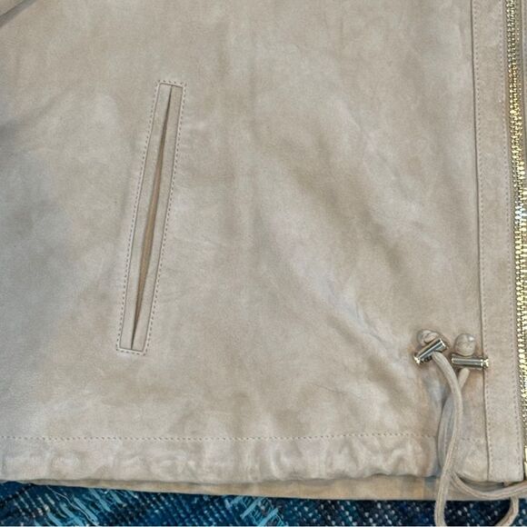 Reiss Solene Suede Bomber Jacket L Cream Tan Leather Zip-Up Designer Outerwear - Picture 6 of 9